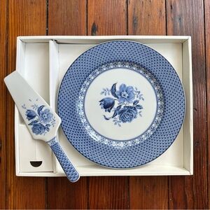 NWOT Vintage Andrea by Sadek blue & white floral cake server & plate